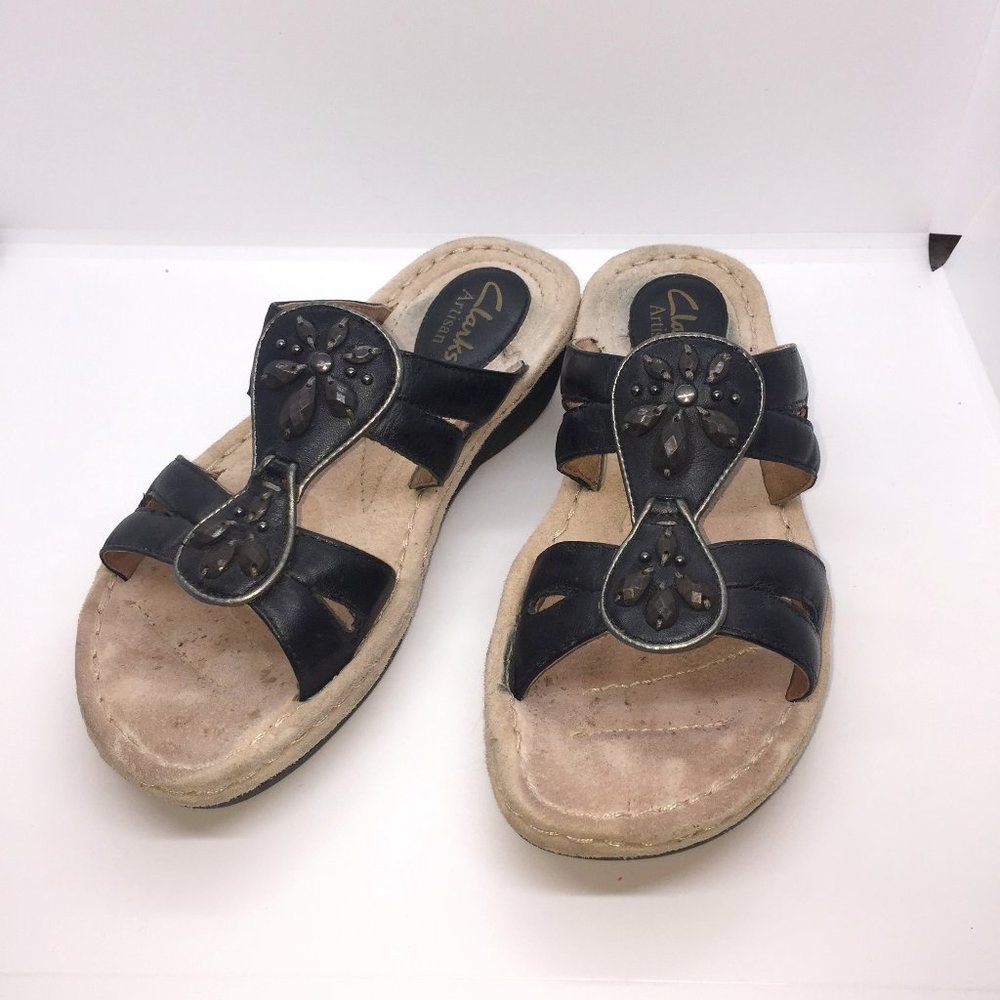 Clarks Black Leather Slip On Sandals 6M